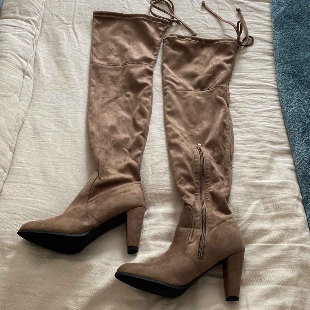 Over the Knee Taupe Suede Pointed Toe Boots